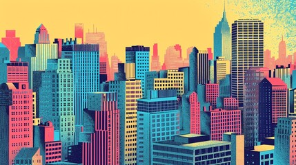 Obraz premium Colorful digital illustration of a vibrant city skyline with modern skyscrapers against a yellow background.