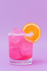 bright pink drink in a clear glass with an orange slice garnish, set against a light purple background, alcohol free