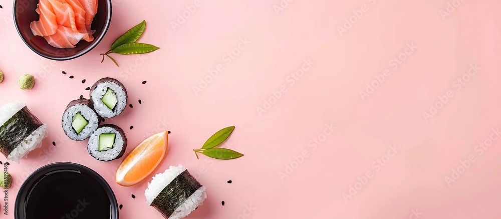 Sticker japanese national cuisine dish Isolated on pastel background. Copy space image. Place for adding text and design