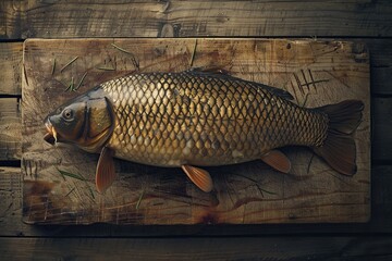 Big Carp fish on the rustic wooden board in the kitchen. Ai generative