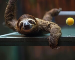Naklejka premium A sloth playing table tennis, stretching an arm over the table, with a yellow ball in mid-air, background blurred. Unique and playful scene.