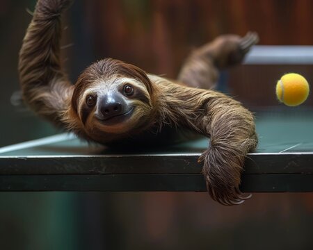 A sloth playing table tennis, stretching an arm over the table, with a yellow ball in mid-air, background blurred. Unique and playful scene. - Powered by Adobe