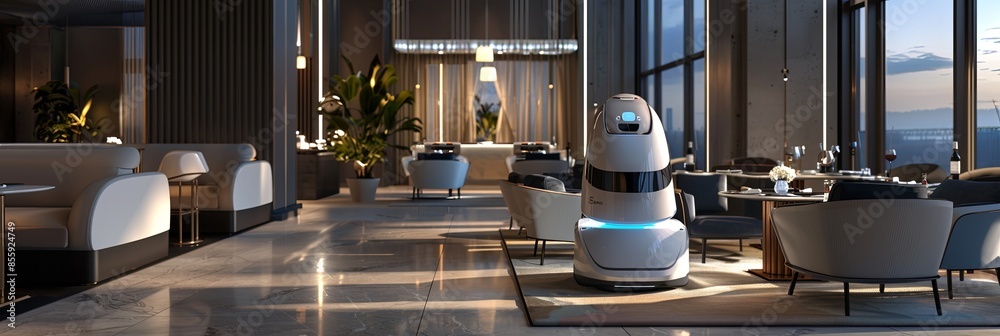 Poster an ai-powered robot navigates through a modern restaurant, enhancing service quality and customer ex