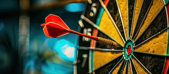 bullseye target or dart board has red dart arrow throw hitting the center of a shooting for business targeting and winning goals business concepts. Copy space image. Place for adding text or design