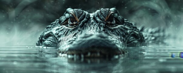 Close-up view of a crocodile's face emerging from the water, showing its eyes and textured skin in a misty environment.