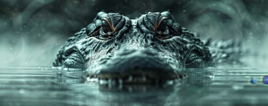Close-up view of a crocodile's face emerging from the water, showing its eyes and textured skin in a misty environment.