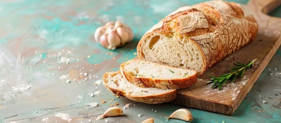 fresh bread and garlic on a cutting board closeup on a pastel background. Copy space image. Place for adding text and design