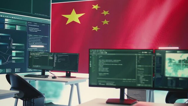 Governmental cyber operations room with Chinese flag on big screen, representing cyber espionage and fake news. Chinese role in international cyber conflicts, propaganda and misinformation. Camera B.