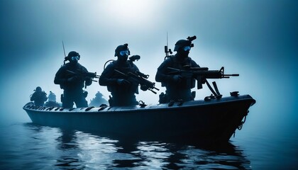 silhouette of underwater commando team advancing on boat in foggy sunrise.