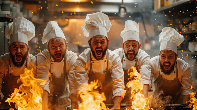 Five chefs in white uniforms and chef hats lean forward, yelling and holding flames in a restaurant kitchen, creating a dramatic culinary scene