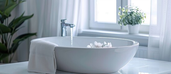 Fototapeta premium White sink and faucet decoration in bathroom interior. Copy space image. Place for adding text and design