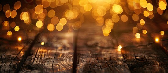 Blur christmas lights on wooden planks, low depth of focus with copyspace