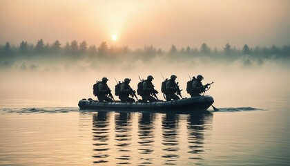 silhouette of underwater commando team advancing on boat in foggy sunrise.