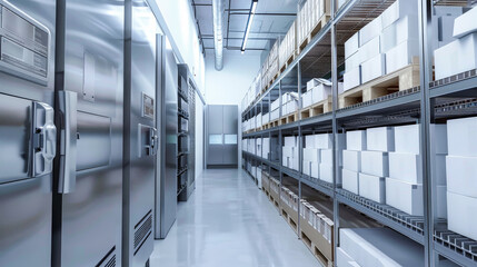 Obraz premium An industrial refrigeration room with rows of stainless steel freezers and shelves stacked with white boxes