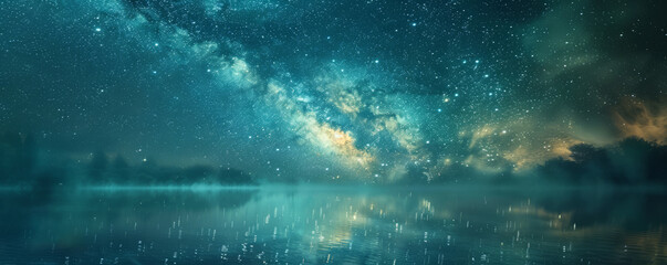 Fototapeta premium A mystical lake reflecting the stars above, its surface shimmering with an otherworldly glow.