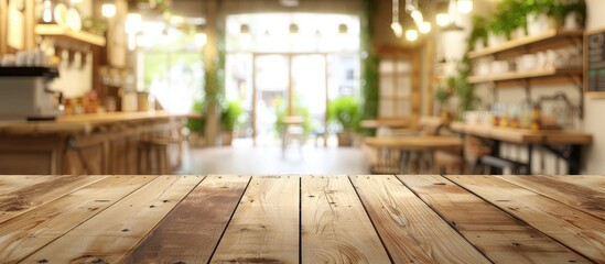Selected focus empty brown wooden table and Coffee shop blur background with bokeh image, for product display montage. Copy space image. Place for adding text and design