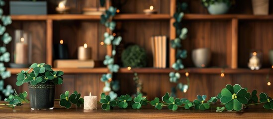 st patricks day, holidays and interior concept - close up of bookcase decorated by festive garland and shamrock for home party. Copy space image. Place for adding text and design