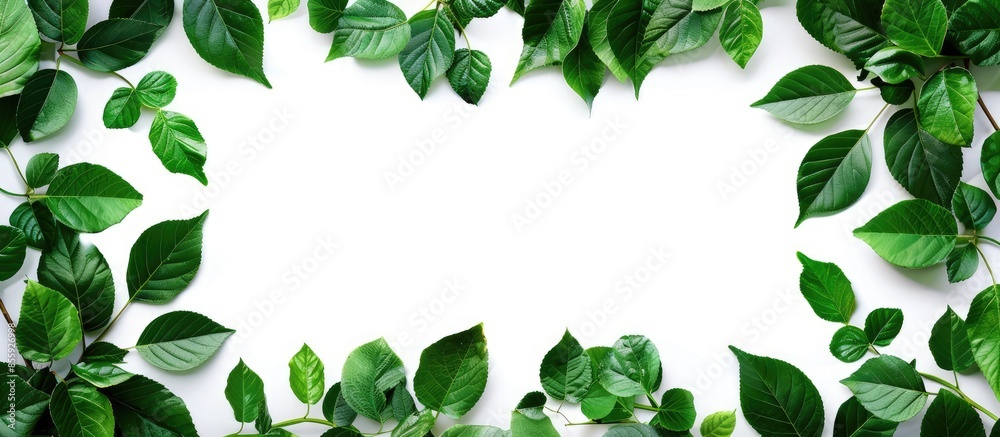 Wall mural green leaves frame on white background. flat lay. copy space image. place for adding text and design