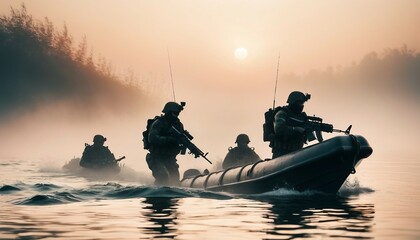 silhouette of underwater commando team advancing on boat in foggy sunrise.