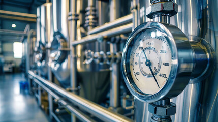 A close-up image of a temperature sensor gauge in a factory setting. The gauge is prominently displayed, highlighting its importance in the industrial process