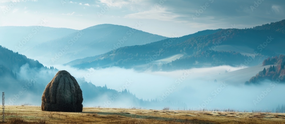 Sticker Amazing mountain landscape with fog and a haystack. Copy space image. Place for adding text or design