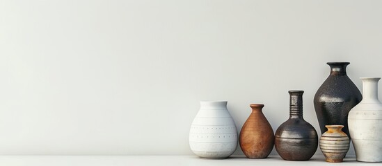 several artistic vases in white wall blackground. Copy space image. Place for adding text and design