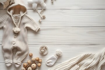 Baby attire, toys on white table