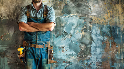Obraz premium A worker stands confidently with arms crossed, wearing a tool belt and overalls. The backdrop is a weathered wall with faded paint and textured plaster
