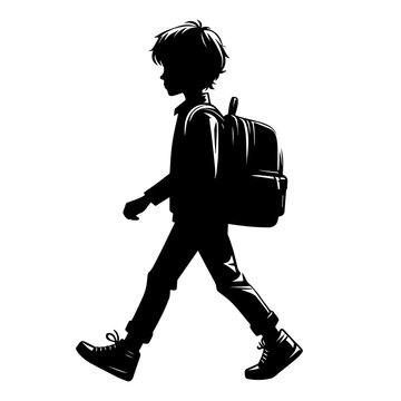 recommend clip art: Silhouette of a boy walking with his school backpack. Vector illustration