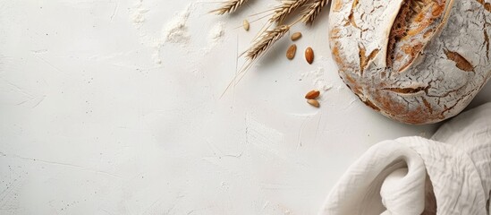 banner with a white wall background and copy space - Homemade grain bread and a linen napkin. Home kitchen cooking decor.