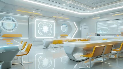 A futuristic classroom designed for interactive learning, featuring modern furniture, interactive panels, and AI assistants. Generative AI
