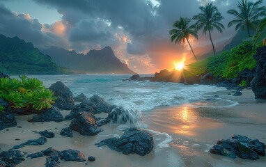 Tropical island at sunset. Created with Ai