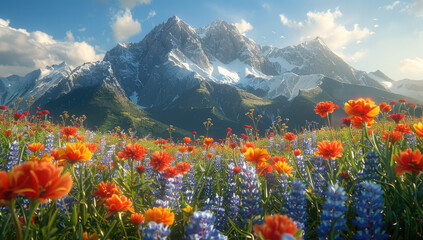 Orange and Purple flowers on the mountain. Created with Ai