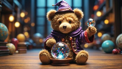 A teddy bear wizard holds a crystal ball, predicting the future.
