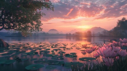 A mesmerizing view of a tranquil lake at dusk, with the still waters reflecting the vibrant colors of the sunset sky, creating a serene backdrop for meditation and spiritual connection