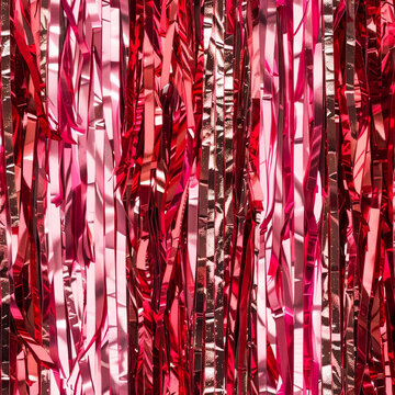 Closeup seamless pattern tile pastel tinsel shiny metallic foil fringe party garland glitter curtain red pink hanging wall decor texture background repeat lovely pretty lux bold color streamer event