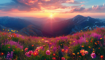 Field of pink flowers, Sunrise in the mountains. Created with Ai
