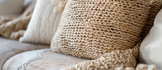 throw cushion cotton knitted textile. Copy space image. Place for adding text and design