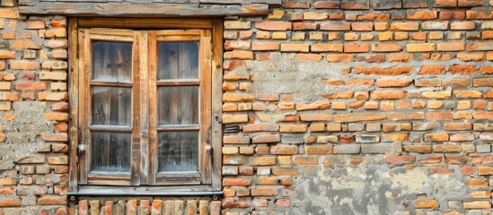 wood window on brick-wall. Copy space image. Place for adding text and design