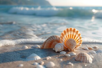 Seashells on beach sand by water