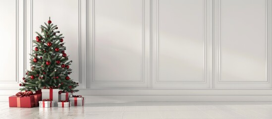 Christmas tree with red gifts in the white room Christmas. Copy space image. Place for adding text and design