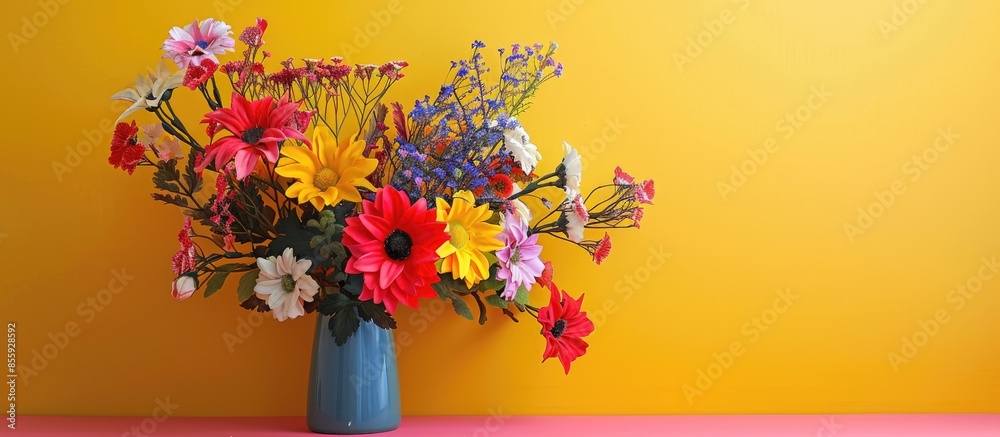 Poster a combination of artificial flowers that have many colors in one pot. copy space image. place for ad