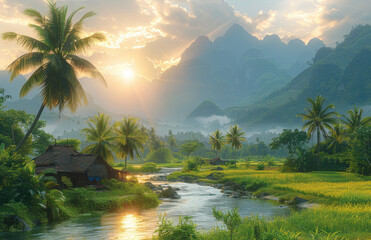 Beautiful view of village with palm tree, wooden house, mountain and lake. Created with Ai