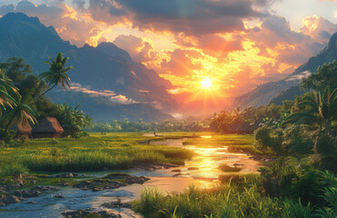 Sunset over the river, wounderful view. Created with Ai