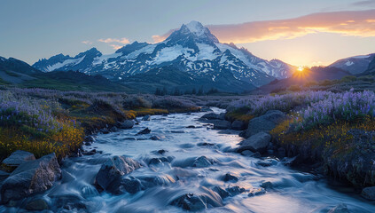 View of sunrise in the mountain with river and snow covered mountains. Created with Ai