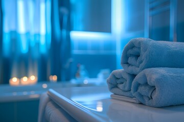 Blue towel on bathroom counter