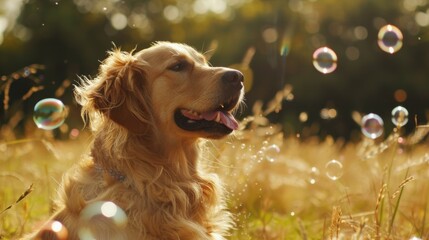 Golden retriever in a field with bubbles. High-resolution photography. Relaxed and joyful pet concept.