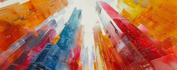 Tableau sur plexiglas Aquarelle gratte-ciel A watercolor painting of a futuristic city nestled among towering skyscrapers, its vibrant colors and flowing lines creating a sense of wonder.  © Влада Яковенко