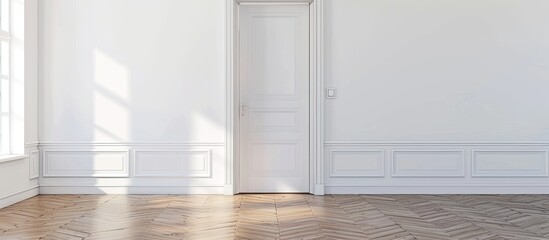 Fototapeta premium Empty interior with white wall, white door and wooden floor. Background interior. Copy space image. Place for adding text and design