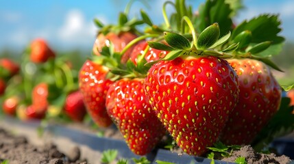 Vibrant red strawberries ready for harvest on a sunny day. Harvesting procedure.